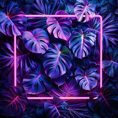 Wall Mural - Vibrant tropical leaves in neon pink and purple colors with a modern geometric frame, creating a vivid and dynamic background.