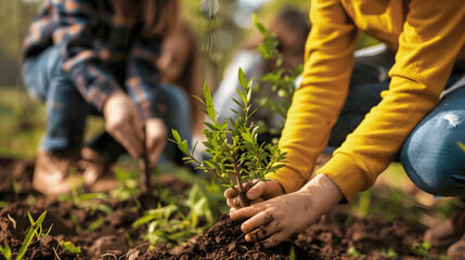 Families planting trees at community event