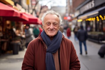 Portrait of a content man in his 80s wearing a classic turtleneck sweater in front of vibrant market street background