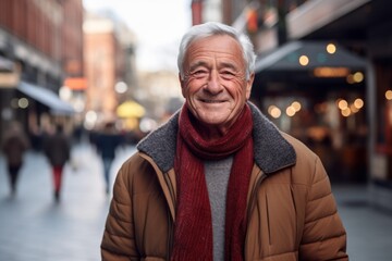 Wall Mural - Portrait of a content man in his 80s wearing a classic turtleneck sweater isolated on vibrant market street background