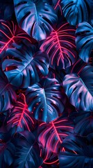 Wall Mural - Vivid monstera leaves with neon lighting, creating a dynamic and vibrant botanical background. Perfect for modern and artistic designs.