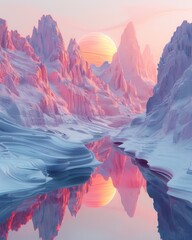 Wall Mural - A mountain range with a river running through it and a large sun in the sky