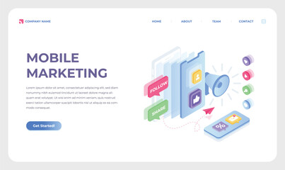 Modern Isometric Vector Landing Page Template For Mobile Marketing
