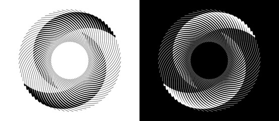 Lines in circle abstract background. Dynamic transition illusion in spiral. Yin and yang style. Black shape on a white background and the same white shape on the black side.