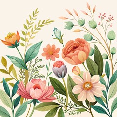 Wall Mural - delicate, isolated, floral, background, Watercolor Botanical Illustration of Blooming Flowers
