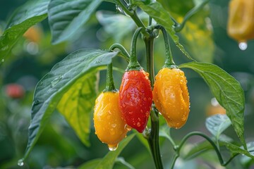 Three peppers are hanging from a plant, with one of them being yellow and the other two being red