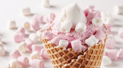 Wall Mural - Marshmallows in an ice cream waffle cone on a white background