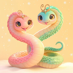 Poster - 2025 Two cartoon snakes are sitting next to each other on a yellow background. The snakes are green and pink, and they appear to be hugging each other. The image has a playful and friendly mood