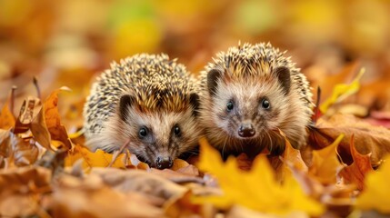 Poster - Wild European Hedgehogs in Natural Habitat with Autumn Leaves