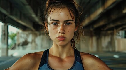 Wall Mural - A woman with a ponytail and a sports bra is standing in a tunnel. She has a serious expression on her face