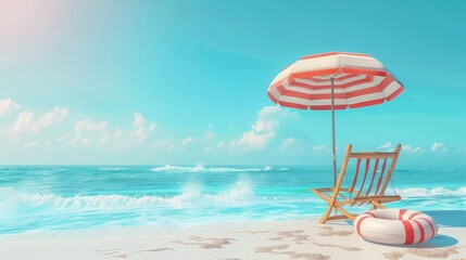 Sticker - Summer beach mockup background with chair, umbrella, inflatable ring