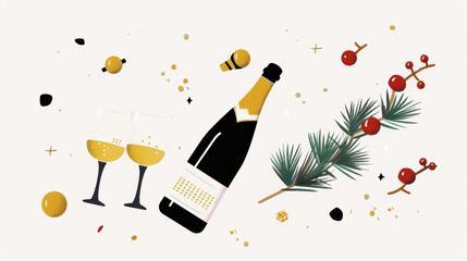 Wall Mural - Merry Christmas and Happy New Year festive background with champagne and glass