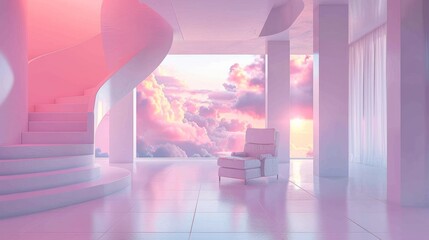 Wall Mural - A minimalist white room with an armchair in the center, a large window showing pink clouds, and a floating spiral staircase on one side