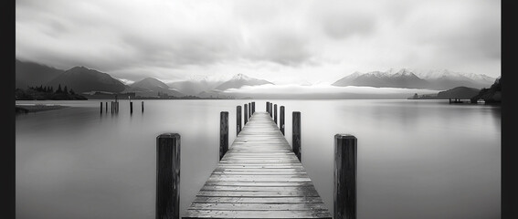 Wall Mural - Black and white photography of an old wooden jetty leading out into the lake with mountains in background. Long exposure shot taken during golden hour.