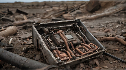 a box with a bunch of rusty pipes and wires