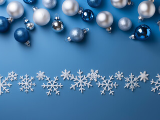 Wall Mural - Sparkling Blue Christmas Balls on Snow with Snowflake Background