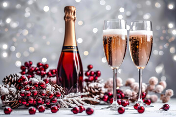 Sticker - Merry Christmas and Happy New Year festive background with champagne and glass