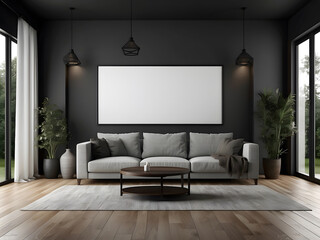 Wall Mural - large white empty screen in a living room interior on an empty dark wall background,3D rendering design