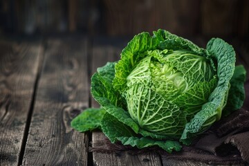 Wall Mural - A large green cabbage sits on a wooden table. The table is dark and the cabbage is the only bright color in the image