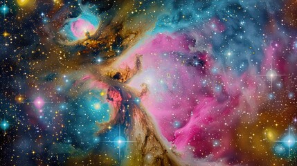 Wall Mural - A colorful galaxy in vibrant pink, cyan, and yellow, surrounded by swirling star clusters and cosmic clouds for a stunning universe wallpaper.