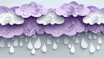 Wall Mural - A paper art and craft style clouds and rain banner with purple paper-cut clouds at the top and intricate white raindrops below.