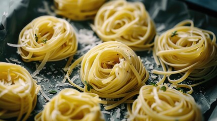 Fresh spaghetti placed in nests on dark paper