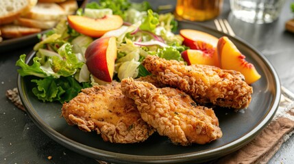 Fried chicken served with peach lettuce salad and toast on plate