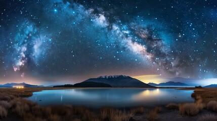 Stunning night sky filled with stars and the Milky Way over a serene landscape, captured with long exposure.