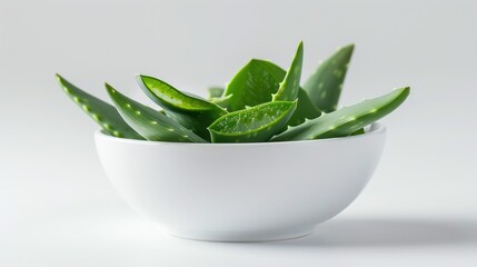 Wall Mural - Fresh Aloe Vera Leaves in White Bowl on White Background