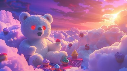 Wall Mural - A white teddy bear with red eyes enjoying a picnic party on sky clouds, surrounded by colorful cupcakes and a bright purple and pink sunset sky.