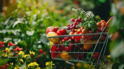 Wall Mural - Shopping cart moving fast from side to side and quickly filling with fruits, vegetables. Mountain of fresh vegetables, fruits, overcrowded trolley. Ability to use any background.