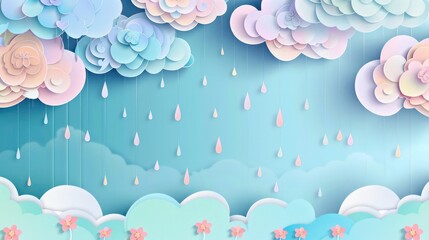 Wall Mural - An artistic paper art and craft style banner with layered paper-cut clouds and rain, highlighting creativity and elegance in pastel hues.