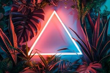 Wall Mural - A neon triangle in the middle of a jungle, with neon colors and a dark background, with plants around giving tropical vibes, painted in a photo realistic style