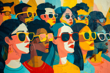 A colorful artwork showing a crowd of individuals, each wearing sunglasses, reflecting contemporary style and vibrant energy in a dynamic illustration.