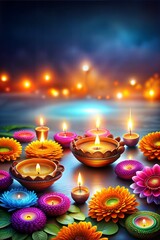 Wall Mural - Lit diya lamps and colorful decorations create a warm, inviting atmosphere for diwali celebration. Flickering flames symbolize hope, prosperity, and happiness at this traditional indian event