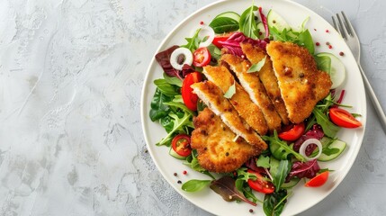 Wall Mural - Vegetable salad and schnitzel on white plate with light stone background Overhead view