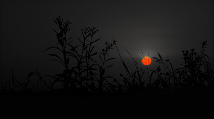 Wall Mural - A sunset is seen through a forest of trees. The sky is dark and the sun is setting