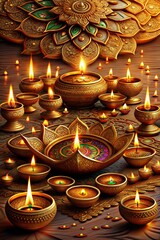 Wall Mural - Golden diyas are burning brightly, illuminating the scene with a warm glow, creating a festive and spiritual ambiance for the diwali festival