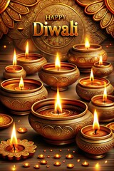 Wall Mural - Golden oil lamps cast a warm glow, illuminating the intricate patterns of the table and creating a festive ambiance in celebration of diwali