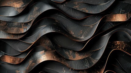 Wall Mural - Charcoal black and rose gold textured paper fused in an intricate abstract design, creating a striking yet mysterious background with flowing patterns and metallic reflections.