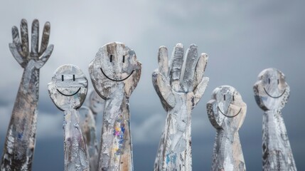 Wooden hand figures painted in a monochrome palette of greys with a hint of silver, smiling subtly against a stormy grey blue sky background.