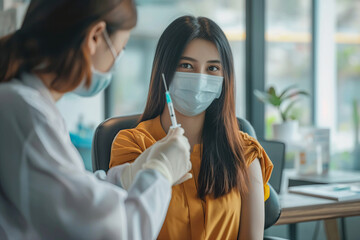 A asian woman in a yellow blouse receiving a vaccination from a masked healthcare professional..