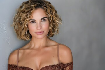 Canvas Print - Portrait of a woman with curly blonde hair, confidently posing against a plain background, with soft lighting