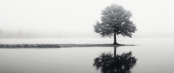 Poster - black and white photography of lonely tree on the shore of lake, reflection in water, long exposure, high resolution, hyper realistic, wide angle


