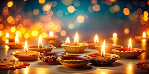 Wall Mural - Vibrant diya lamps glow warmly, symbolizing hope and happiness for diwali celebration. Perfect for greeting cards, radiating warmth and togetherness