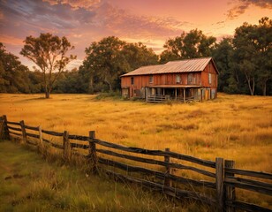 Wall Mural - A rustic, wooden barn sits quietly in an open field surrounded by tall grass and a wooden fence, with a backdrop of lush trees and a colorful, glowing sunset sky,  (Generative A.I.)