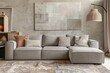 © Inigo - Living room interior with grey sofa and pillows. Mock up poster.