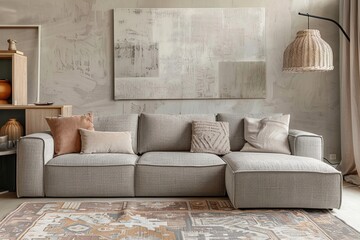 Wall Mural - Living room interior with grey sofa and pillows. Mock up poster.