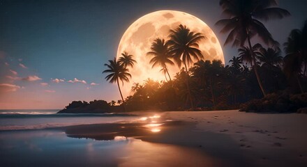 Sticker - Moonlight on a Tropical Beach with Palm Trees 4k animation