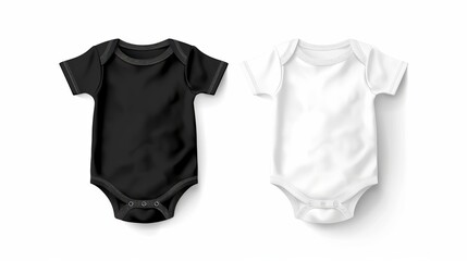 Wall Mural - Mock-up Closeup Isolated on White, Vector Realistic Blank Baby Bodysuit Template in White and Black. Sides Ahead and Back. Baby shirt, onesie, body children. Top view 